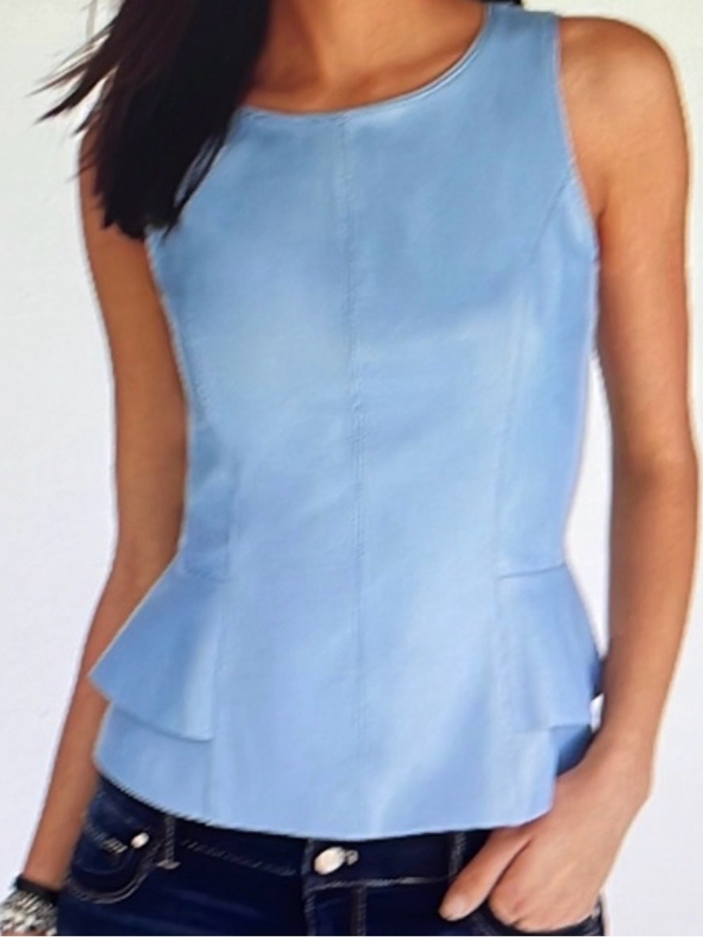NWOT White House Black Market 100% Leather Lambskin Light Blue Sleeveless Top 12